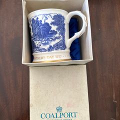 This is a vintage 1977 Coalport Fine Bone China "Father's Day" mug featuring a blue scene of anglers.
