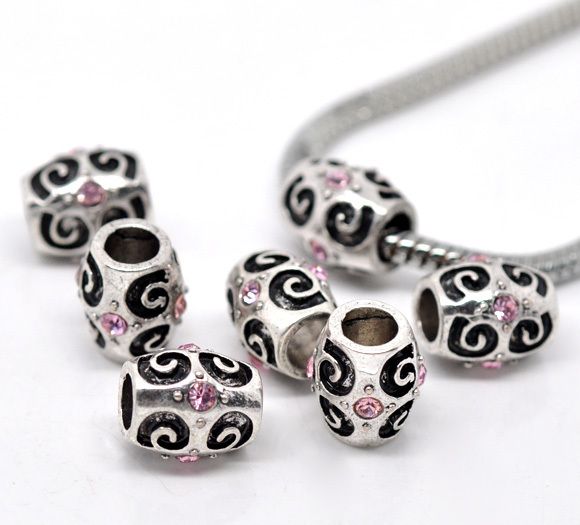Pandora Style Pink Rhinestone Scroll Beads