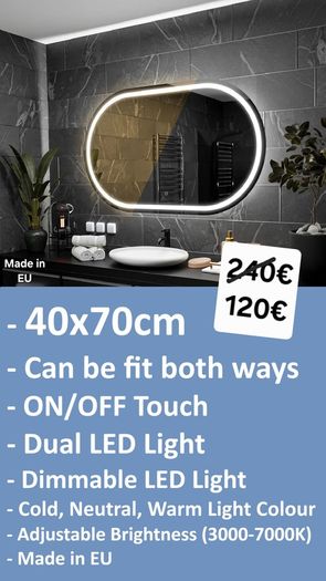 LED Bathroom Mirror Ensuite Dual LED Bright Light 40x70cm Made in EU Horizontal Vertical Fit