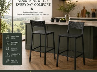 Set of 2 Industrial Black Bar Stools