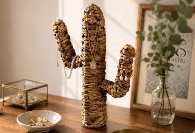 Handwoven Cactus Jewelry Stand Natural Woven Display Holder