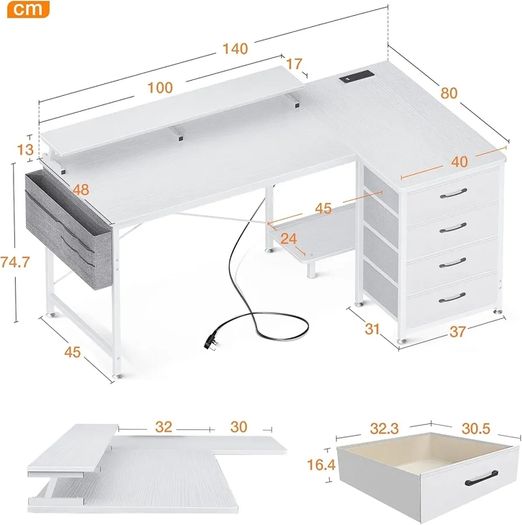 Corner Desk with Drawers, L Shaped Computer Desk 140x80cm with USB Charging Port & Power Outlet, Home Office Desk with Monitor Stand and PC Stand, Gaming Desks Workstations, White