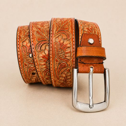Unisex Genuine Leather Belt Vintage Embossed Design with Antique Buckle Casual & Formal Waist Belt