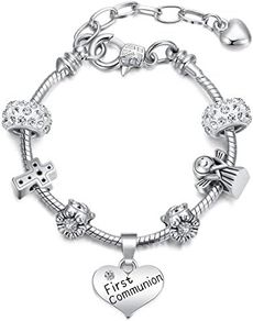 First Holy Communion Charm Bracelets for Girls Glitter Personalised Engraved First Communion Gifts with Pendant