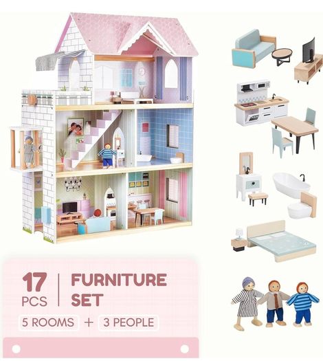 Wooden Dolls House, 2.6 Feet High with Elevator, Doorbell, Light 15 Pieces Furnitures and 3 Dolls, Toys Suitable for Girls Aged 3-7+, Birthday and Christmas Gift