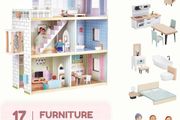 Wooden Dolls House, 2.6 Feet High with Elevator, Doorbell, Light 15 Pieces Furnitures and 3 Dolls, Toys Suitable for Girls Aged 3-7+, Birthday and Christmas Gift