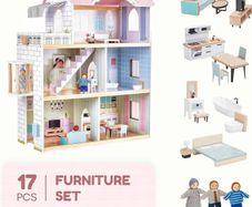 Wooden Dolls House, 2.6 Feet High with Elevator, Doorbell, Light 15 Pieces Furnitures and 3 Dolls, Toys Suitable for Girls Aged 3-7+, Birthday and Christmas Gift