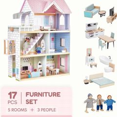 Wooden Dolls House, 2.6 Feet High with Elevator, Doorbell, Light 15 Pieces Furnitures and 3 Dolls, Toys Suitable for Girls Aged 3-7+, Birthday and Christmas Gift