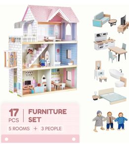 Wooden Dolls House, 2.6 Feet High with Elevator, Doorbell, Light 15 Pieces Furnitures and 3 Dolls, Toys Suitable for Girls Aged 3-7+, Birthday and Christmas Gift