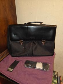 Gianfranco Ferre Black Leather and Monogram Canvas Laptop Bag