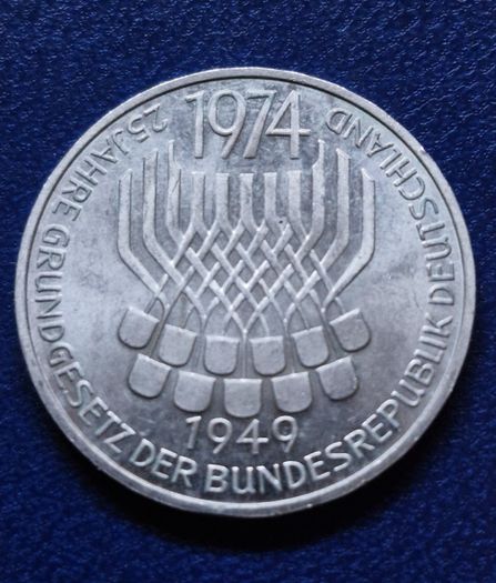1974 F Germany 5 Mark Silver unc coin, 25th Anniversary of the federal Constitutional Law