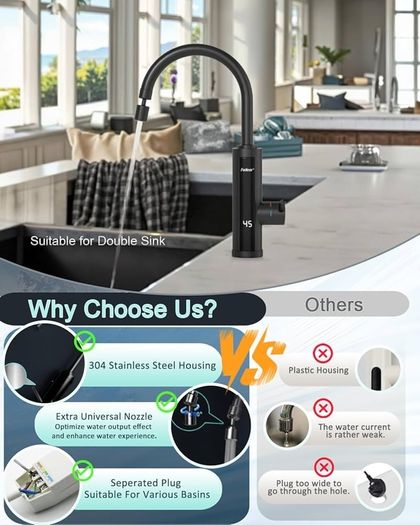 Electric Hot Water Tap with Universal Nozzle, Instant Heating Tap for Kitchen, Stainless Steel Water Heater Tap Supply Hot and Cold Water Faucet with Digital Display (Stainless Steel Gooseneck)
