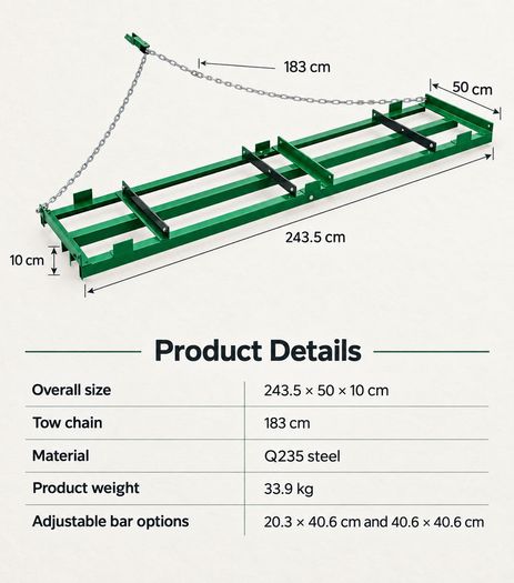 8 ft Tow Behind Drag Harrow for ATV Tractor and Driveway Levelling