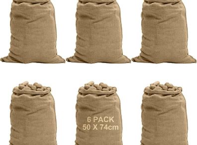 6 Pack 52 x 74cm Large Hessian Sacks, 25KG Potato Sacks for Storage, Vegetable Storage Bags