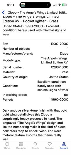 Limited Edition Zippo collectible - The Angels Wings 0286/1000