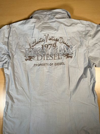 Diesel Embroidered Short Sleeve Button Up Shirt - Mens Sz M - Blue Grey Stripe