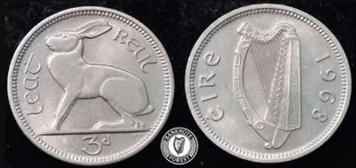 [#2534] - Ireland 1968 | Irish 3d | 3 Pence | Hare | KM.12a | MS