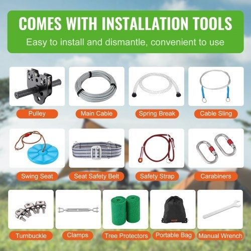 Zipline Kit for Kids and Adult, 24.38 m Zip Line Kits Up to 227 kg, Backyard Outdoor Quick Setup Zipline, Playground Entertainment with Stainless Steel Zipline, Spring Brake, Safety Harness, Seat