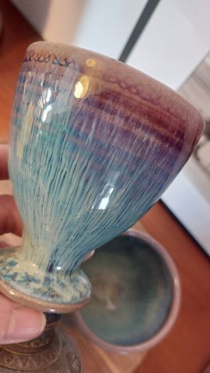 Wonderful Pair of Studio Art Pottery Goblets by Martin Branch Lyre Pottery, Cloncorban, Rossmore, Clonakilty, West Cork in a Fabulous Colourful Variegated Glaze. Pair One