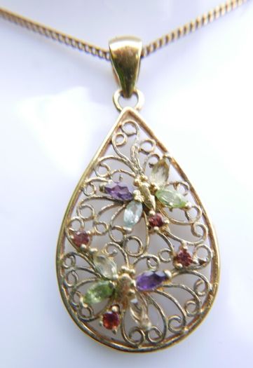 Vintage 18K Gold Plated Sterling Silver 925, Butterflies Crystal Oval Pendant Necklace, length 18" - 5,83g