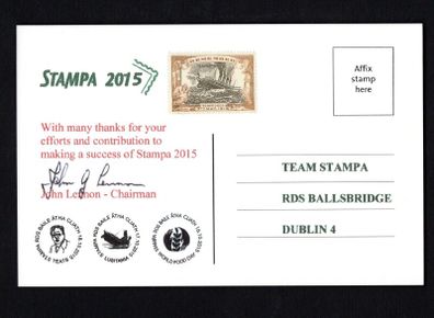 2015 Ireland Stampa Exhibition Card Showing Cunard RMS Lusitania on Front with Thank you note from Stampa Chairman on the read with set of show cancels