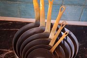 Graduated set French tinned Brass Pots and pans