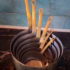 Graduated set French tinned Brass Pots and pans