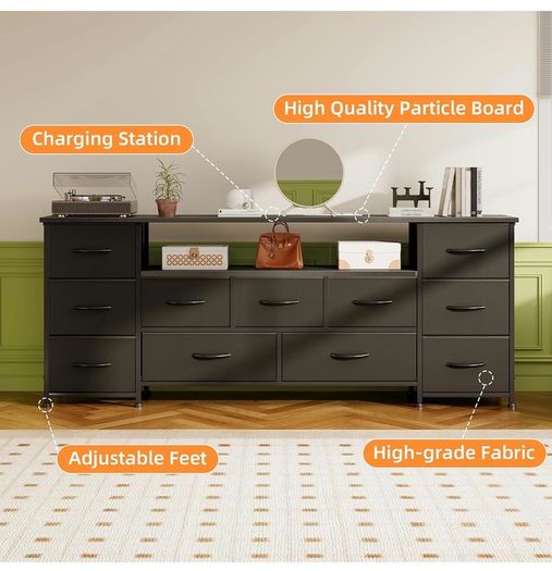 Tv Cabinet, Dresser for Bedroom with 11 Fabric Drawers, TV Stand with Power Socket for TVs up to 70 inchTV Units for Living Room, Bedroom, Black