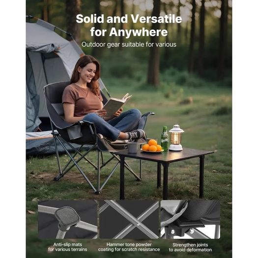 Oversized Camping Chairs, 204 kg Heavy Duty Support, Portable Padded Folding Camp Chairs with Dual Cup Holders & Wine Glass Holders, Carry Bag for Outdoor, Fishing, Black & Gray, 1 Pack
