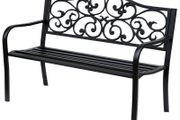 Metal Garden Bench with Floral Backrest and Armrests - Black