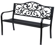 Metal Garden Bench with Floral Backrest and Armrests - Black