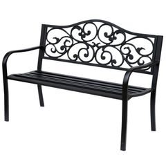 Metal Garden Bench with Floral Backrest and Armrests - Black
