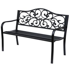 Metal Garden Bench with Floral Backrest and Armrests - Black