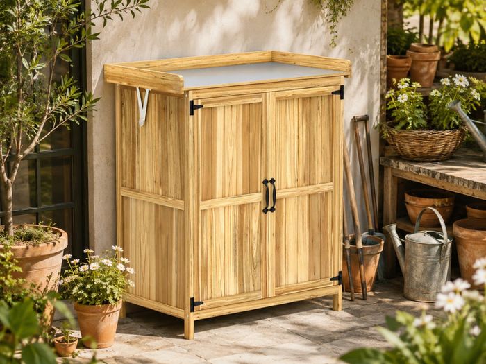 Wooden Garden Storage Cabinet with Stainless Steel Worktop and Shelves