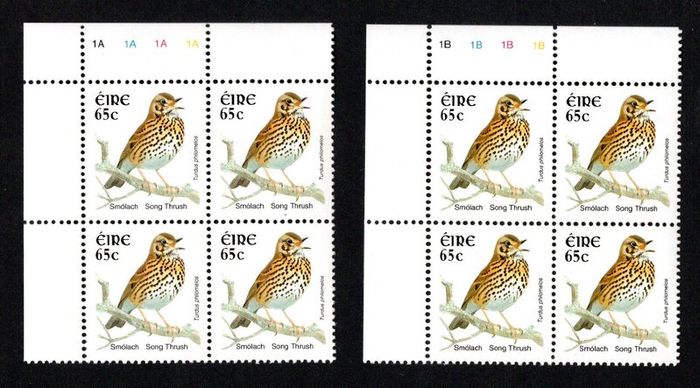 2002-04 Ireland Tenth Definitive Stamp Series Birds 65c Song Thrush Plate Block 1A1A1A1A & 1B1B1B1B Mint Never Hinged (MNH)