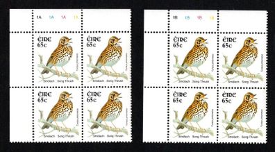 2002-04 Ireland Tenth Definitive Stamp Series Birds 65c Song Thrush Plate Block 1A1A1A1A & 1B1B1B1B Mint Never Hinged (MNH)