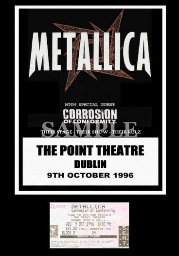 Metallica concert poster+ticket Point Theatre Dublin 1996 A3 Size Replica