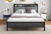 King Size Bed Frame With Storage Headboard, Upholstered Platform Bed Frame/Mattress Foundation/Metal Slat Support/No Box Spring Needed/Dark Grey