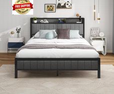King Size Bed Frame With Storage Headboard, Upholstered Platform Bed Frame/Mattress Foundation/Metal Slat Support/No Box Spring Needed/Dark Grey
