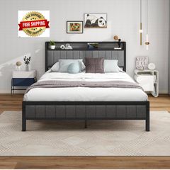 King Size Bed Frame With Storage Headboard, Upholstered Platform Bed Frame/Mattress Foundation/Metal Slat Support/No Box Spring Needed/Dark Grey