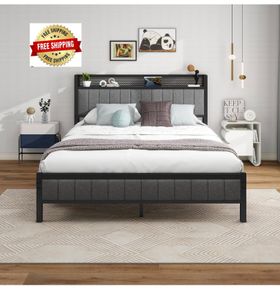 King Size Bed Frame With Storage Headboard, Upholstered Platform Bed Frame/Mattress Foundation/Metal Slat Support/No Box Spring Needed/Dark Grey