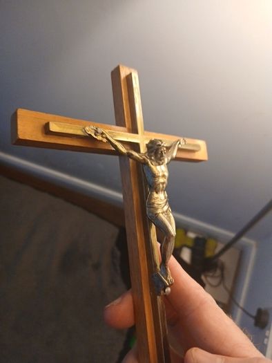 Vintage 1950s/1960s Mid-Century Modern Wooden Wall Crucifix with Metal Inlay