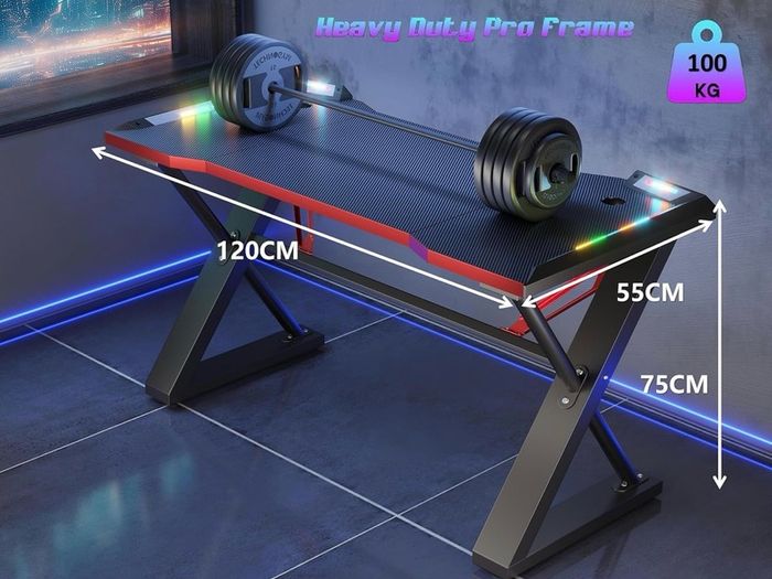 120 x 55 cm Gaming Desk with LED Lights, Gaming Table Thickened Z Shaped, Gamer Desk with Carbon Fiber Coated, Gaming PC Desk, Computer Desk Easy to Assemble, Carbon Fiber Black