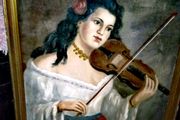 Large antique oil painting of a Gipsy girl with violin