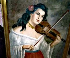 Large antique oil painting of a Gipsy girl with violin