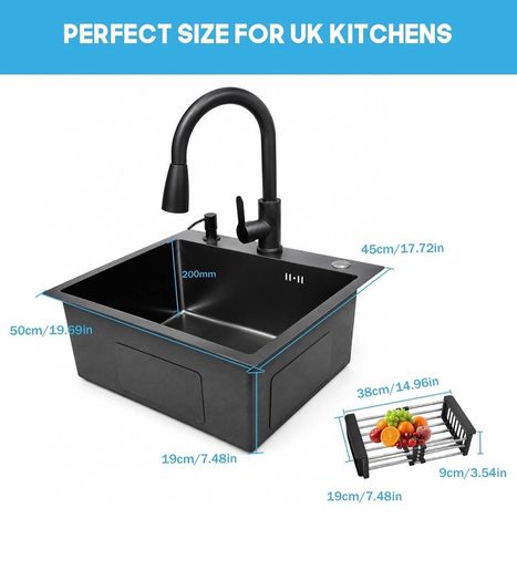 Black Kitchen Sink 50 x 45cm Stainless Steel Sink Bowl with Pull Down Tap Kitchen Sinks Single Bowl with Drainer Basket Soap Dispenser, Deep Bowl for UK Kitchens, Top/Flush/Undermount Sink