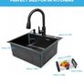Black Kitchen Sink 50 x 45cm Stainless Steel Sink Bowl with Pull Down Tap Kitchen Sinks Single Bowl with Drainer Basket Soap Dispenser, Deep Bowl for UK Kitchens, Top/Flush/Undermount Sink Image 2