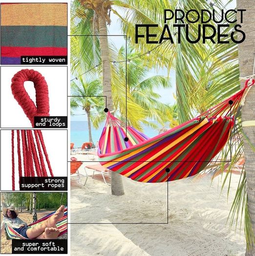 NEW SALE | Large Woven Canvas Hammock Garden Swing, with Portable Travel Carry Bag & Secure Ropes - 270x150cm, for Outdoor Summer Camping, 150kg Weight Capacity