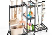 Heavy-Duty Metal Broom Holder &amp; Cleaning Organizer with Wheels, Mop Hanger and Storage Rack, Black Steel Utility Cart