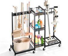 Heavy-Duty Metal Broom Holder & Cleaning Organizer with Wheels, Mop Hanger and Storage Rack, Black Steel Utility Cart